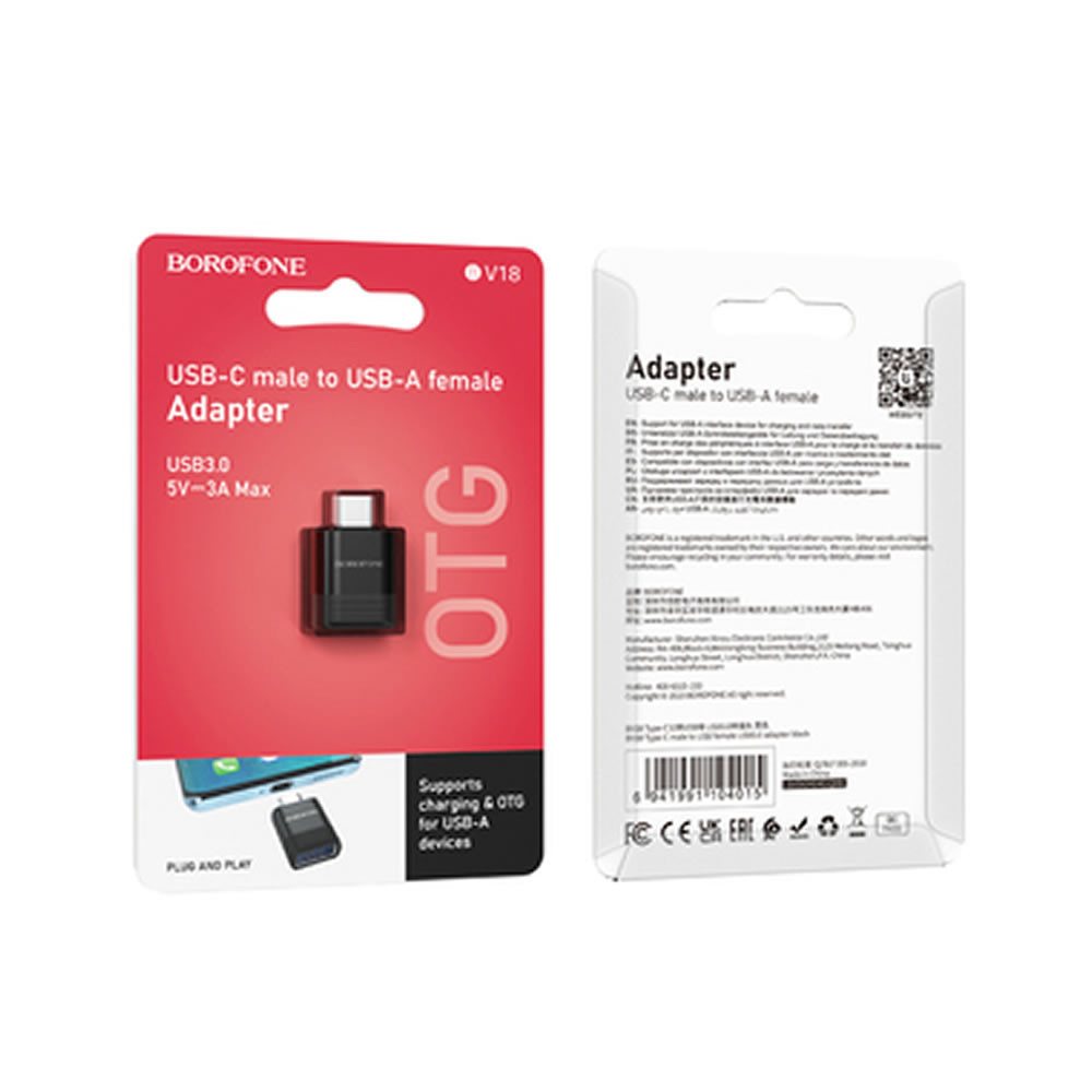Adaptador Borofone BV18 Preto USB-C Para USB-A 3A 5V