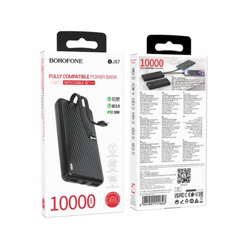 Power Bank Borofone BJ57 Preto 10000mAh Input Micro E Tipo-C/Output USB E USB-C Cabos Tipo-C E Lightning