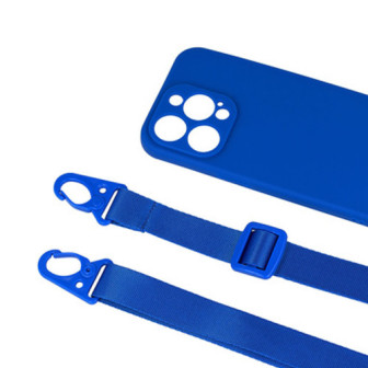 Apple Iphone 15 Pro Max Blue Silicone Case With Camera Protector And String