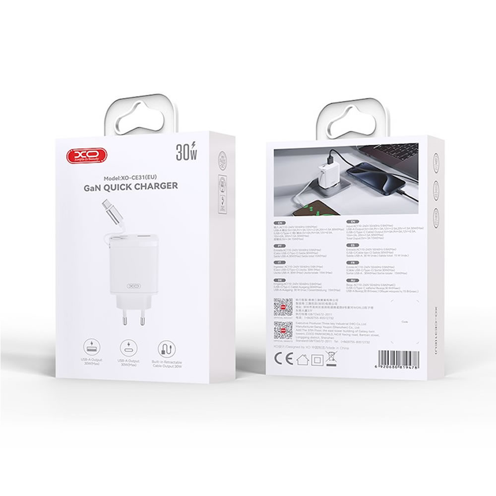 Adaptador Xo Ce31 Branco 30w 3.0a Usb/Usb-C Com Cabo Usb-C Retrátil