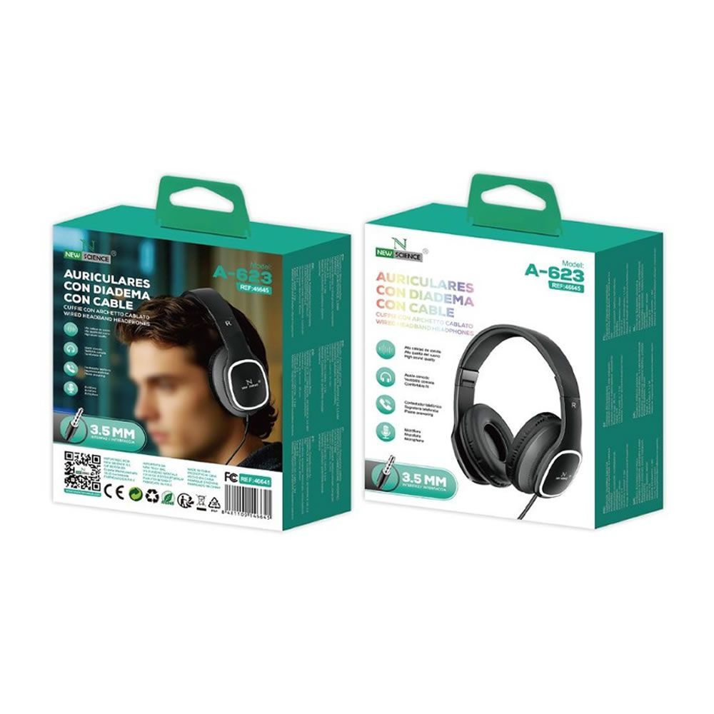 New Science A-623 Black Headphones With 3.5mm Jack Cable