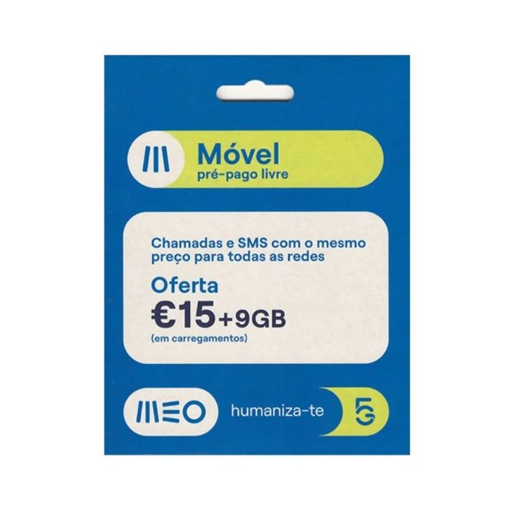 Cartão Sim Meo Móvel Pré-Pago Livre 15€+9GB Bonus