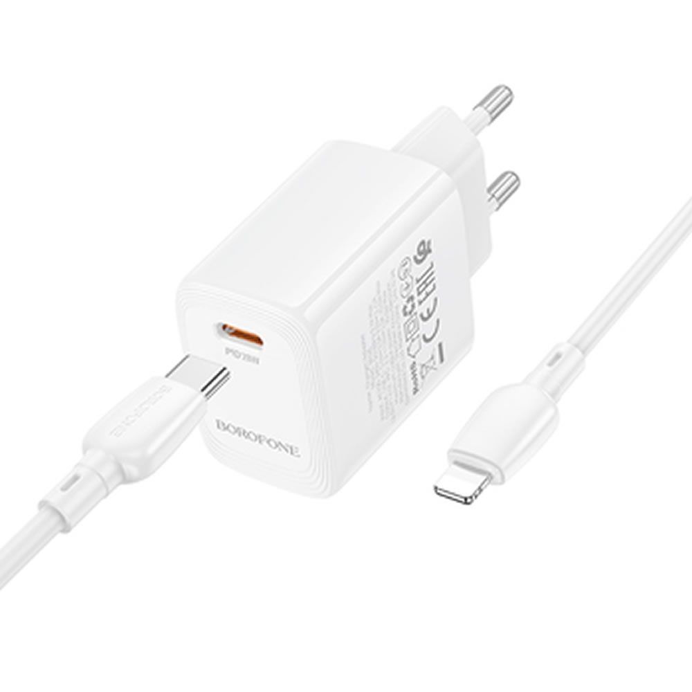 Carregador 240V Borofone BN26 Branco 20W 3.0A USB-C Para Lightning