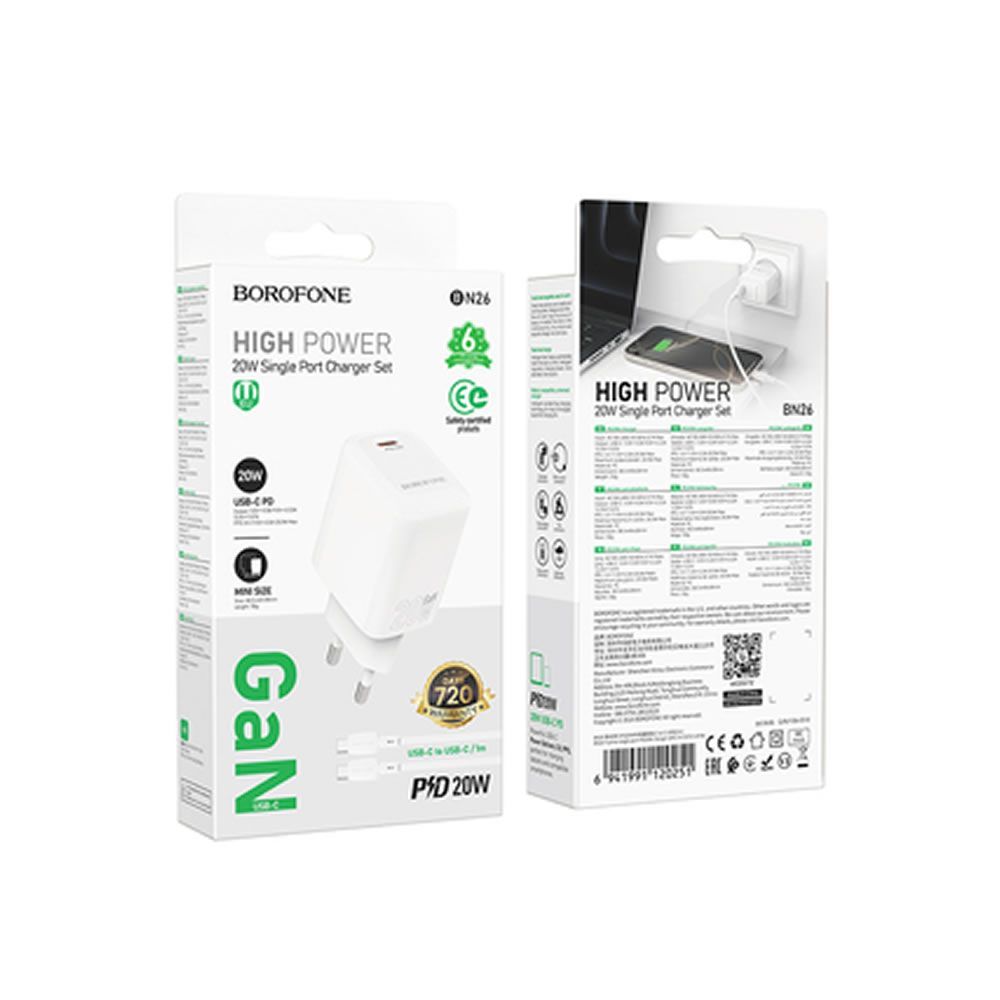 Borofone BN26 White 240V Charger 20W 3.0A USB-C To Type-C