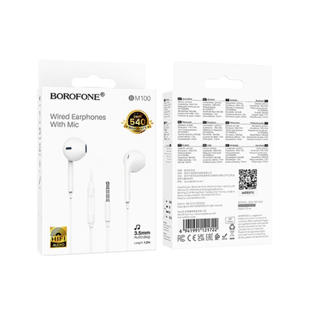 Borofone BM100 White Headphones 1.2m 3.5mm With Microphone