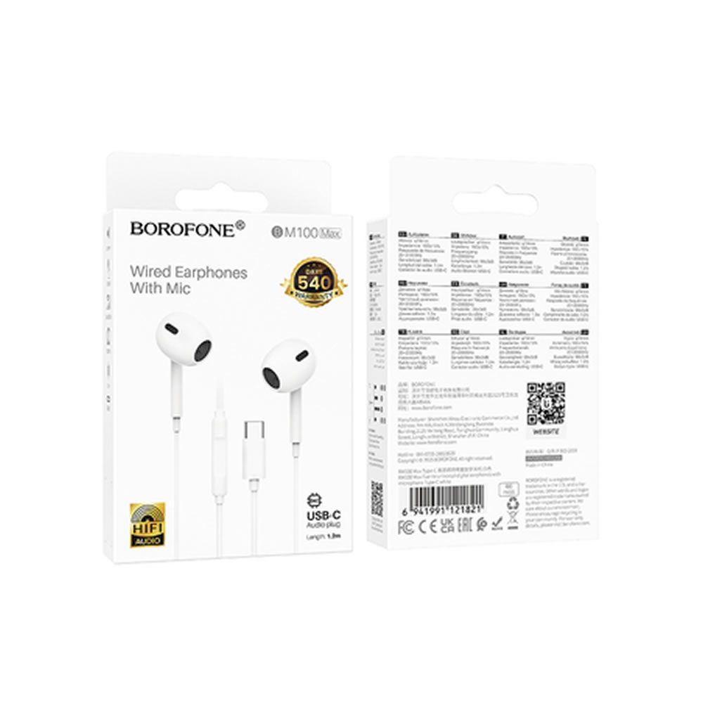Auricular Borofone BM100 Max Branco 1.2m Tipo-C Com Microfone
